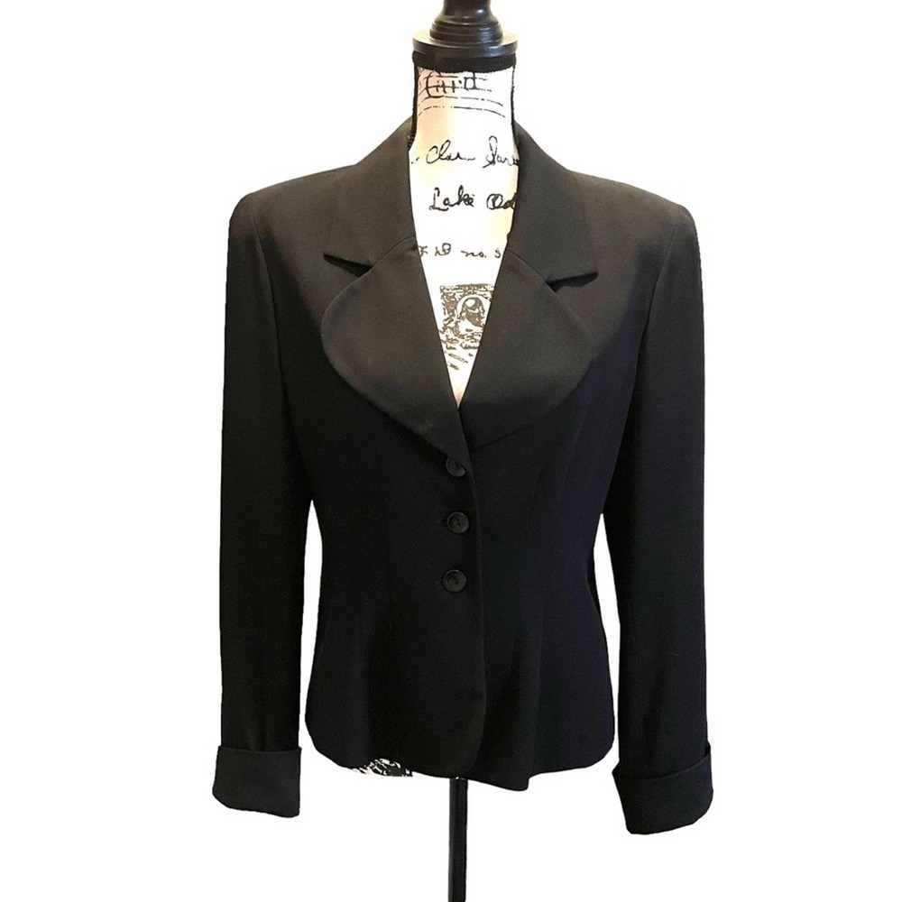 Henri Bendel Blazer Jacket Black Size 6 Tailored Vintage Roll Cuff sleeves